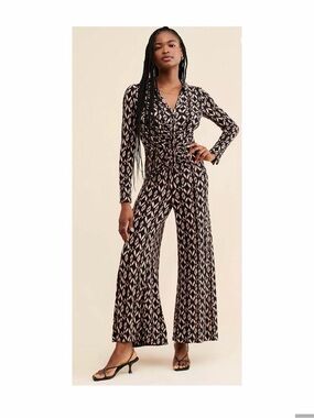 Free People Black & Cream Printed Long-Sleeve Wide-Leg Jumpsuit